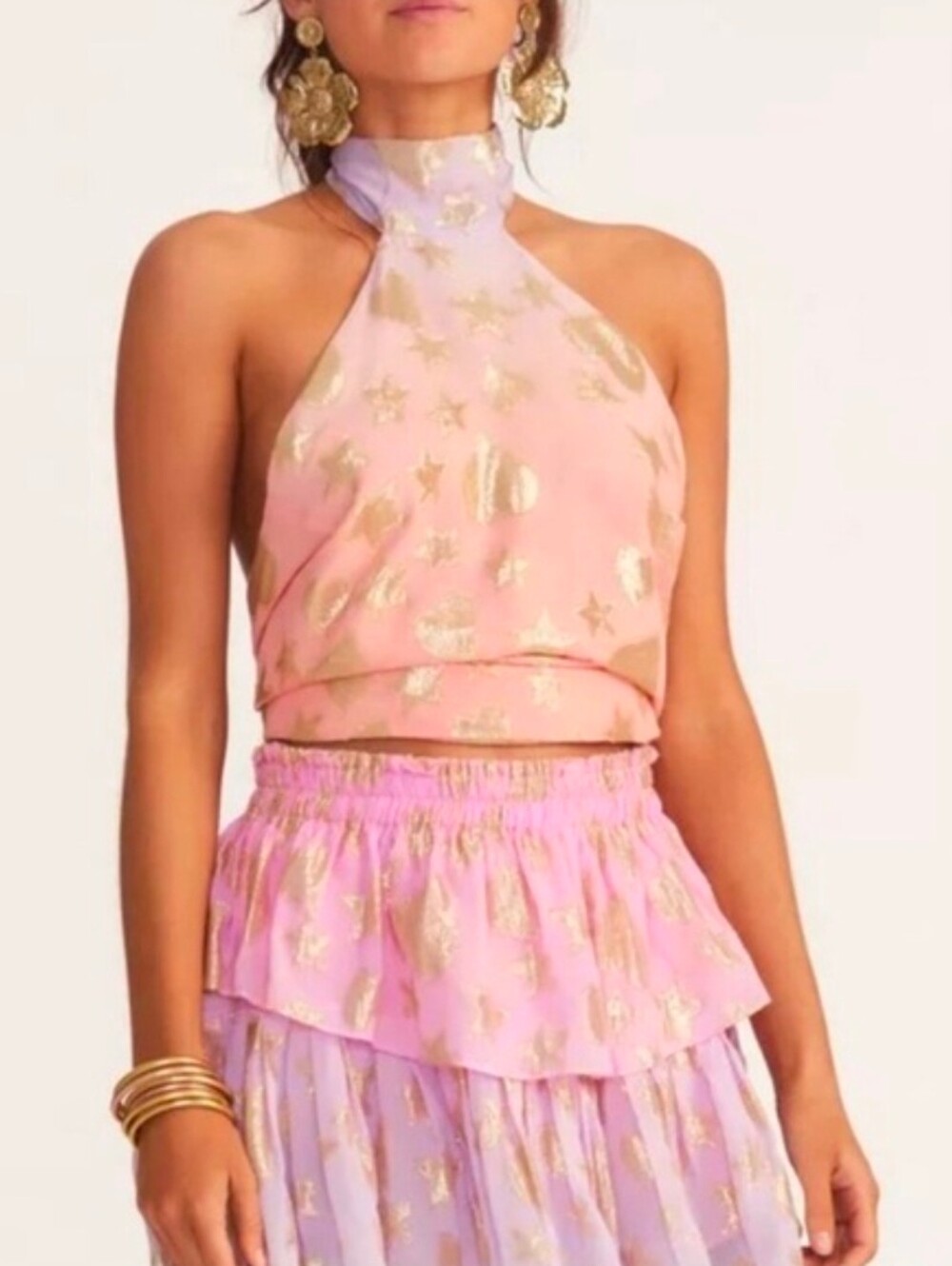 LoveShackFancy Boca Handkerchief Top & Ruffle Mini Skirt Sunset Orange Ombre